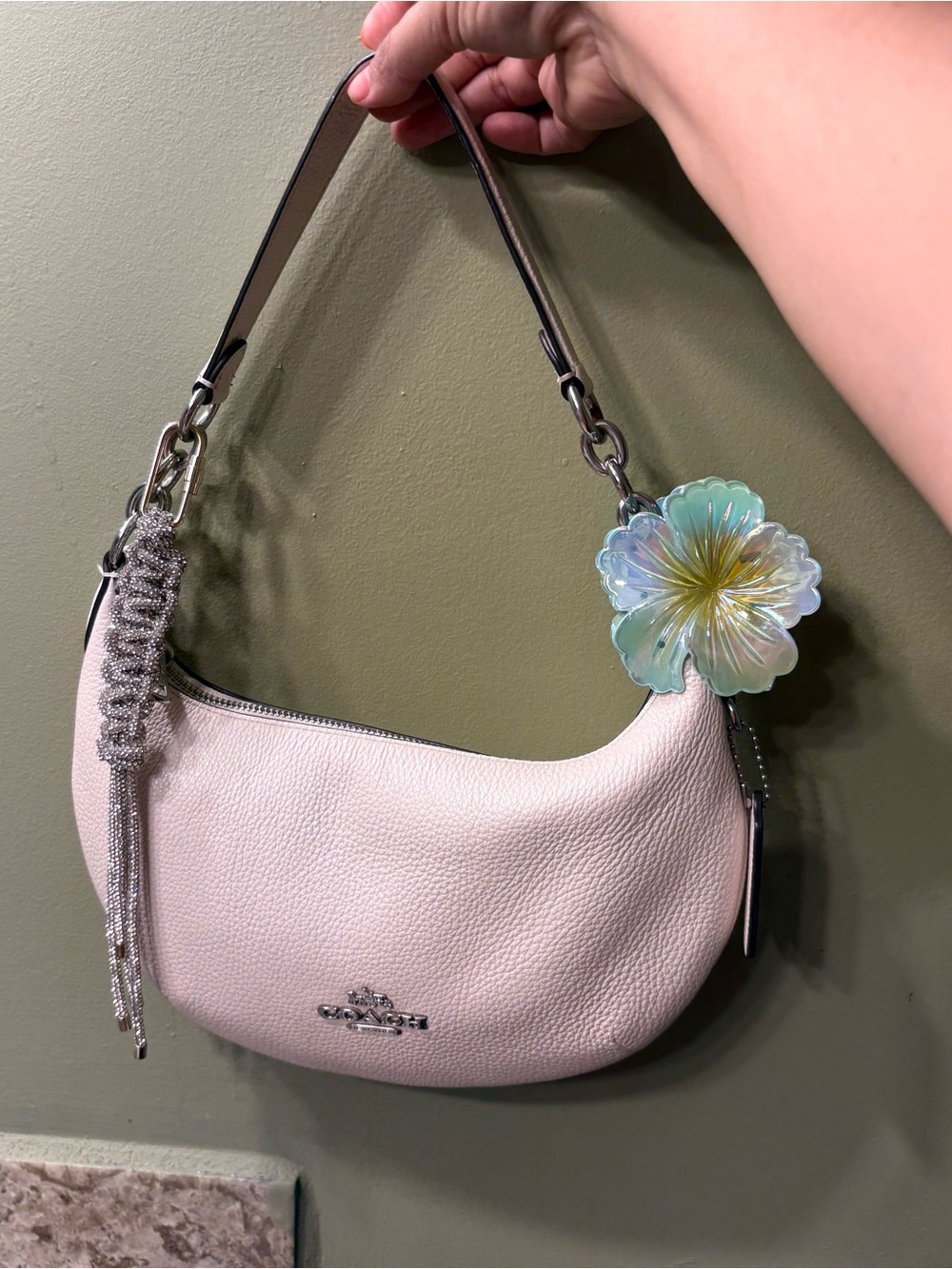 Coach Pebbled Leather Shoulder Bag in white and silver Strap